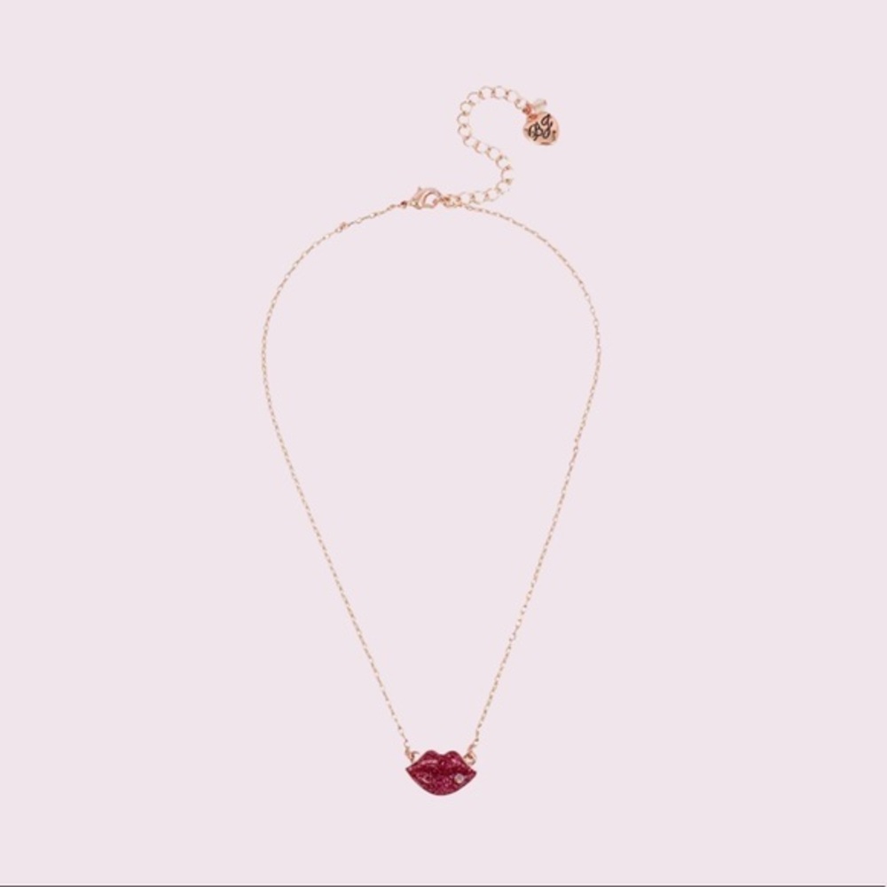 Betsey Johnson Rose Gold-Tone Crystal Glitter Lips Pendant Necklace